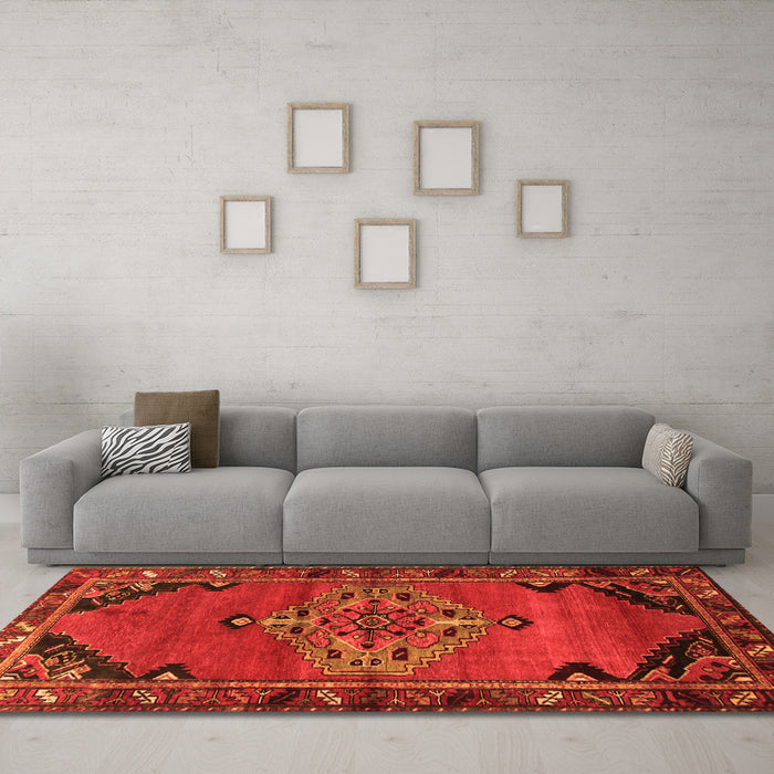Machine Washable Medallion Orange Traditional Area Rugs in a Living Room, wshtr517org