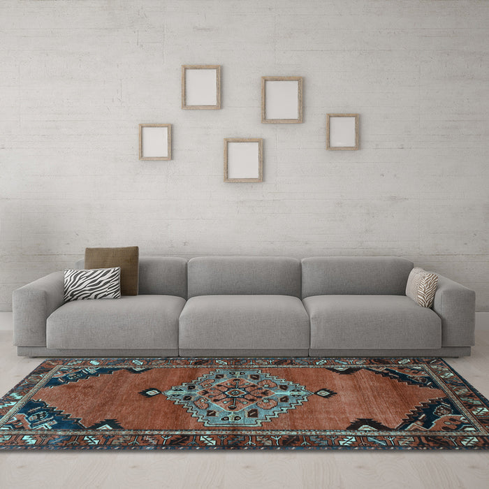 Machine Washable Medallion Light Blue Traditional Rug in a Living Room, wshtr517lblu
