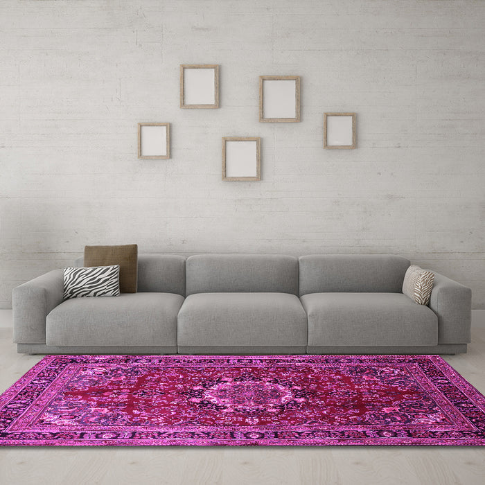 Machine Washable Medallion Pink Traditional Rug in a Living Room, wshtr518pnk