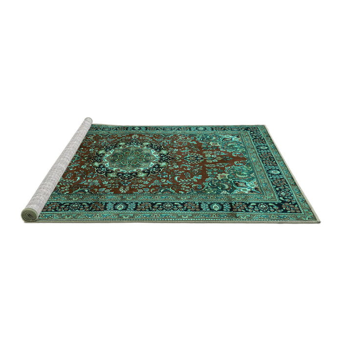 Sideview of Machine Washable Medallion Turquoise Traditional Area Rugs, wshtr518turq