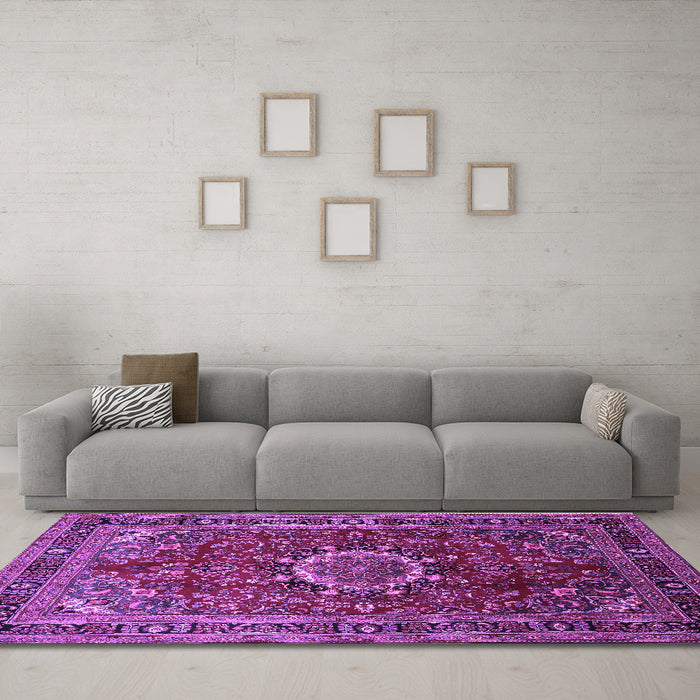 Machine Washable Medallion Purple Traditional Area Rugs in a Living Room, wshtr518pur