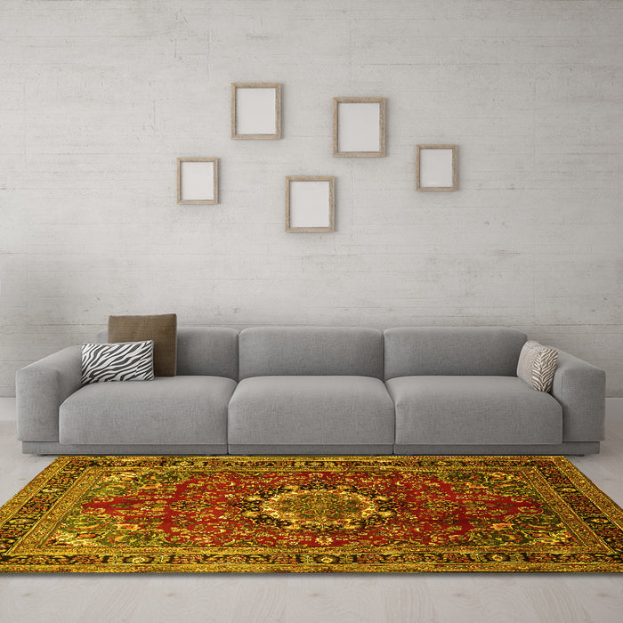 Machine Washable Medallion Yellow Traditional Rug in a Living Room, wshtr518yw