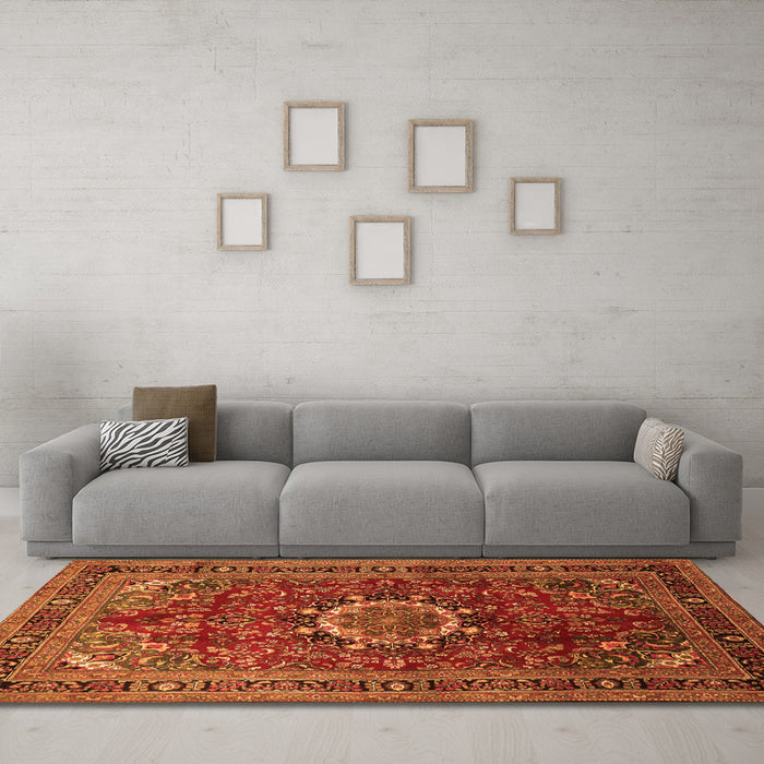 Machine Washable Medallion Orange Traditional Area Rugs in a Living Room, wshtr518org