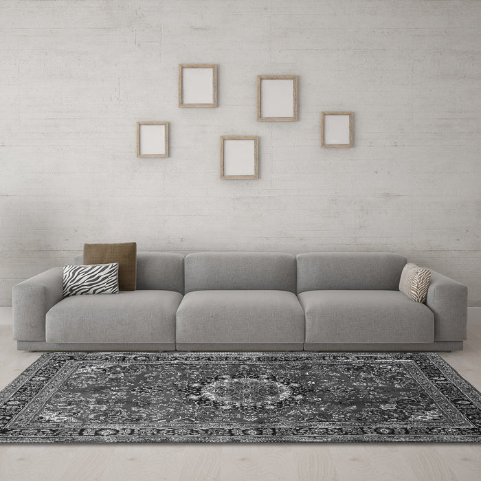 Machine Washable Medallion Gray Traditional Rug in a Living Room,, wshtr518gry