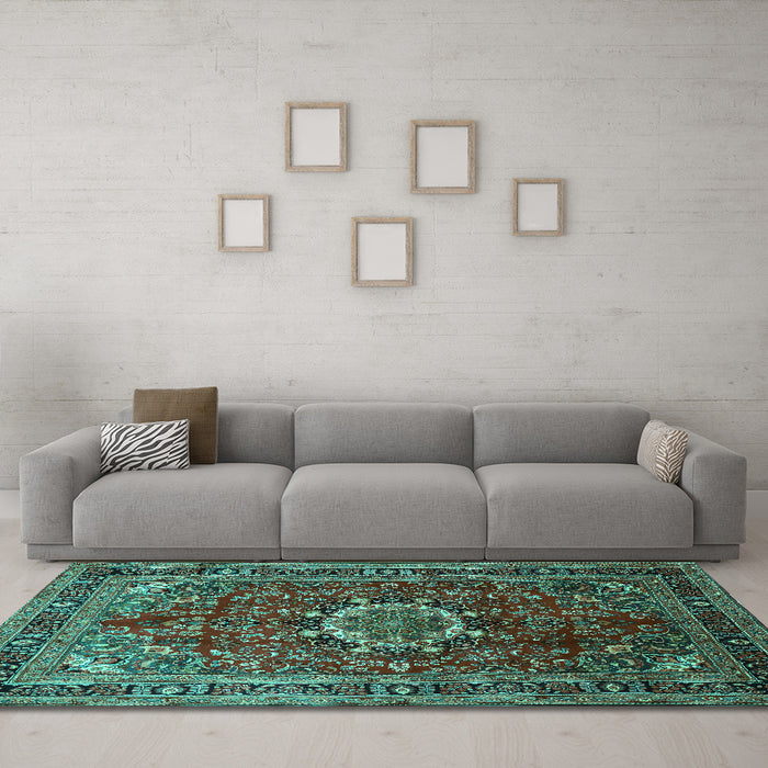 Machine Washable Medallion Turquoise Traditional Area Rugs in a Living Room,, wshtr518turq