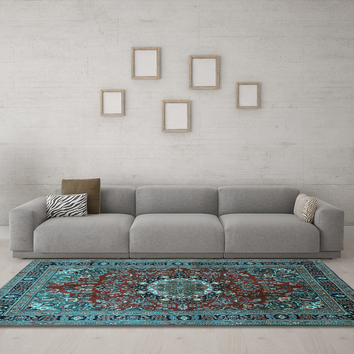 Machine Washable Medallion Light Blue Traditional Rug in a Living Room, wshtr518lblu