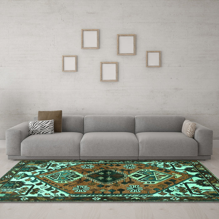 Machine Washable Persian Turquoise Traditional Area Rugs in a Living Room,, wshtr519turq