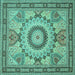 Square Machine Washable Medallion Turquoise Traditional Area Rugs, wshtr51turq