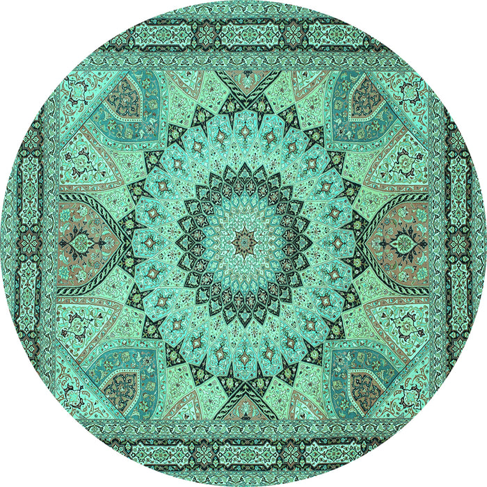 Round Machine Washable Medallion Turquoise Traditional Area Rugs, wshtr51turq