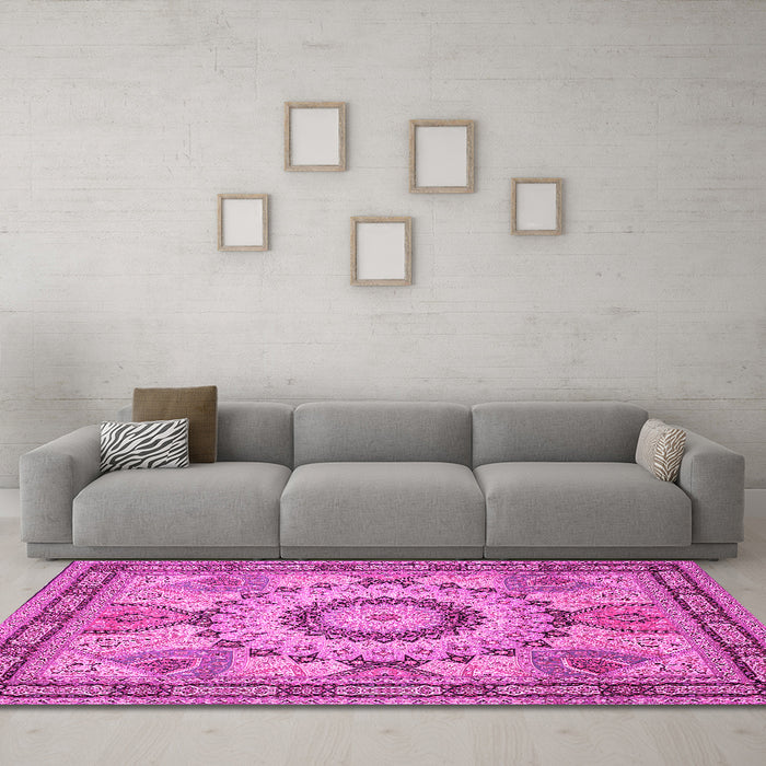 Machine Washable Medallion Pink Traditional Rug in a Living Room, wshtr51pnk