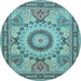 Round Machine Washable Medallion Light Blue Traditional Rug, wshtr51lblu