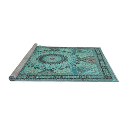 Sideview of Machine Washable Medallion Light Blue Traditional Rug, wshtr51lblu