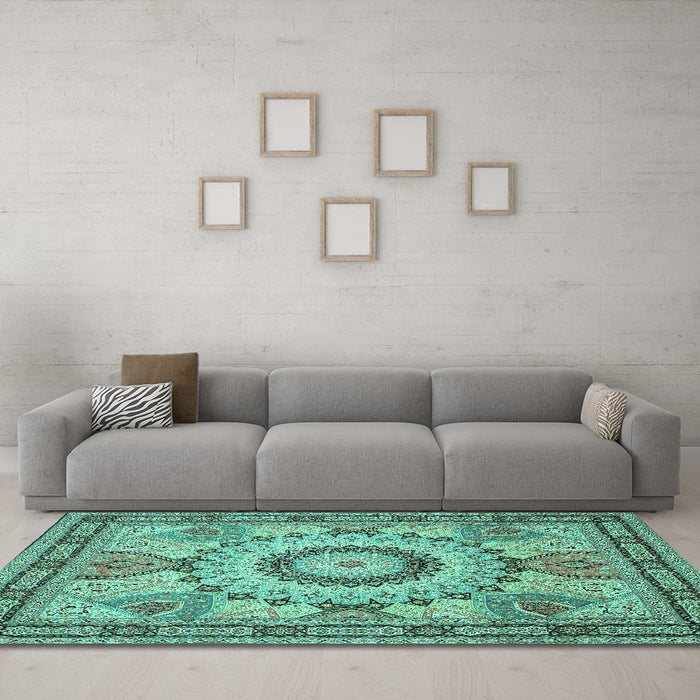 Machine Washable Medallion Turquoise Traditional Area Rugs in a Living Room,, wshtr51turq