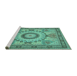 Sideview of Machine Washable Medallion Turquoise Traditional Area Rugs, wshtr51turq