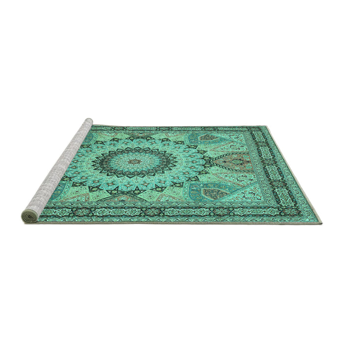 Sideview of Machine Washable Medallion Turquoise Traditional Area Rugs, wshtr51turq