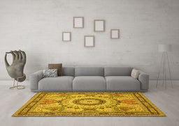 Machine Washable Medallion Yellow Traditional Rug in a Living Room, wshtr51yw