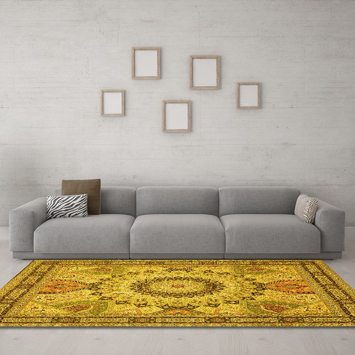Machine Washable Medallion Yellow Traditional Rug in a Living Room, wshtr51yw