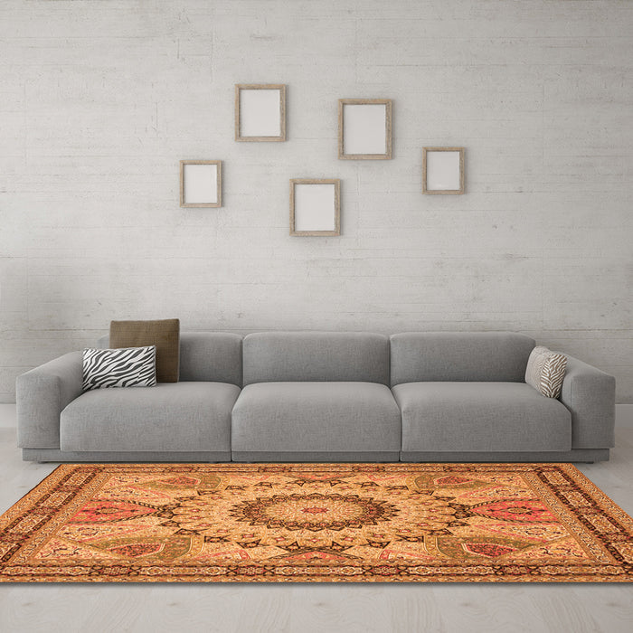 Machine Washable Medallion Orange Traditional Area Rugs in a Living Room, wshtr51org
