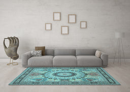 Machine Washable Medallion Light Blue Traditional Rug in a Living Room, wshtr51lblu