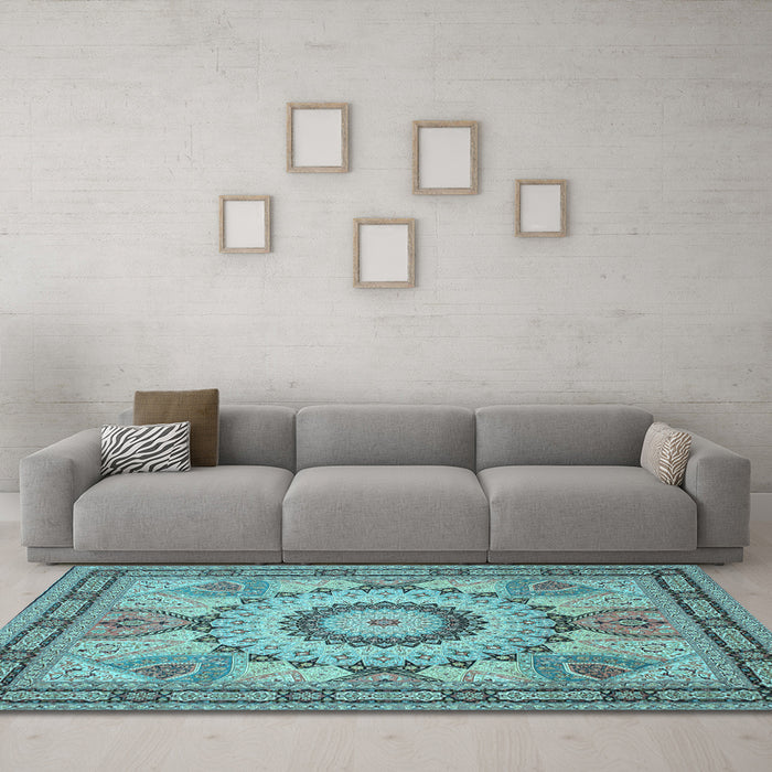 Machine Washable Medallion Light Blue Traditional Rug in a Living Room, wshtr51lblu