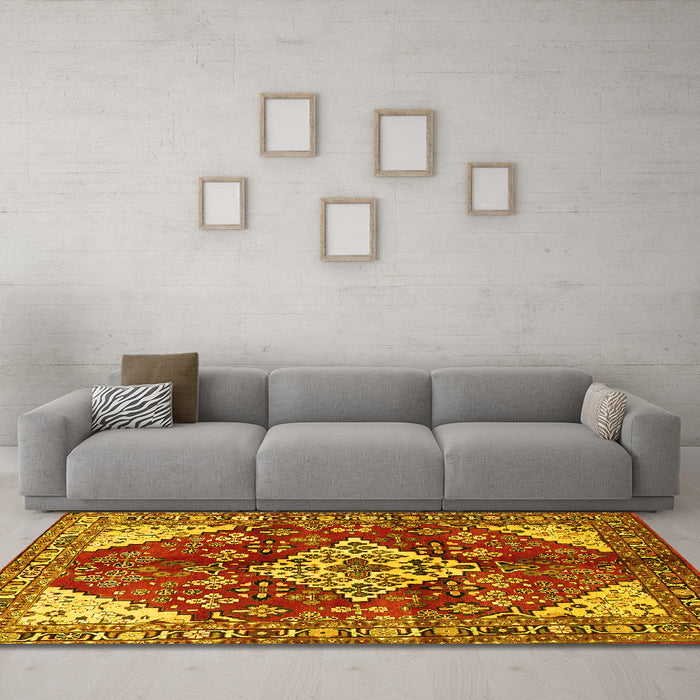 Machine Washable Medallion Yellow Traditional Rug in a Living Room, wshtr520yw