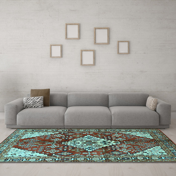 Machine Washable Medallion Light Blue Traditional Rug in a Living Room, wshtr520lblu