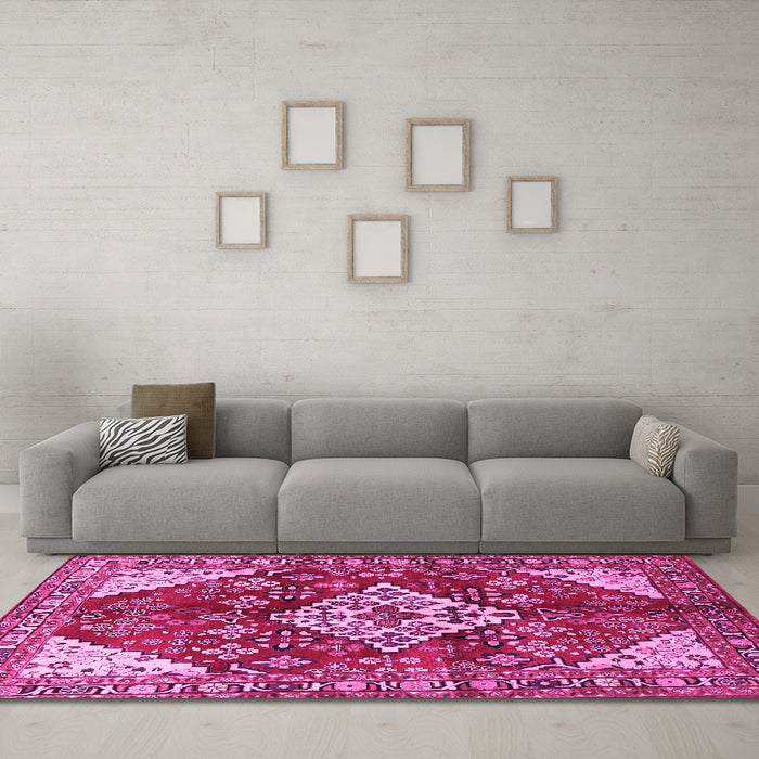 Machine Washable Medallion Pink Traditional Rug in a Living Room, wshtr520pnk