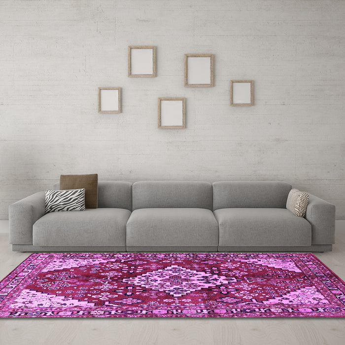 Machine Washable Medallion Purple Traditional Area Rugs in a Living Room, wshtr520pur