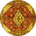 Round Machine Washable Medallion Yellow Traditional Rug, wshtr520yw