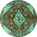 Round Machine Washable Medallion Turquoise Traditional Area Rugs, wshtr520turq