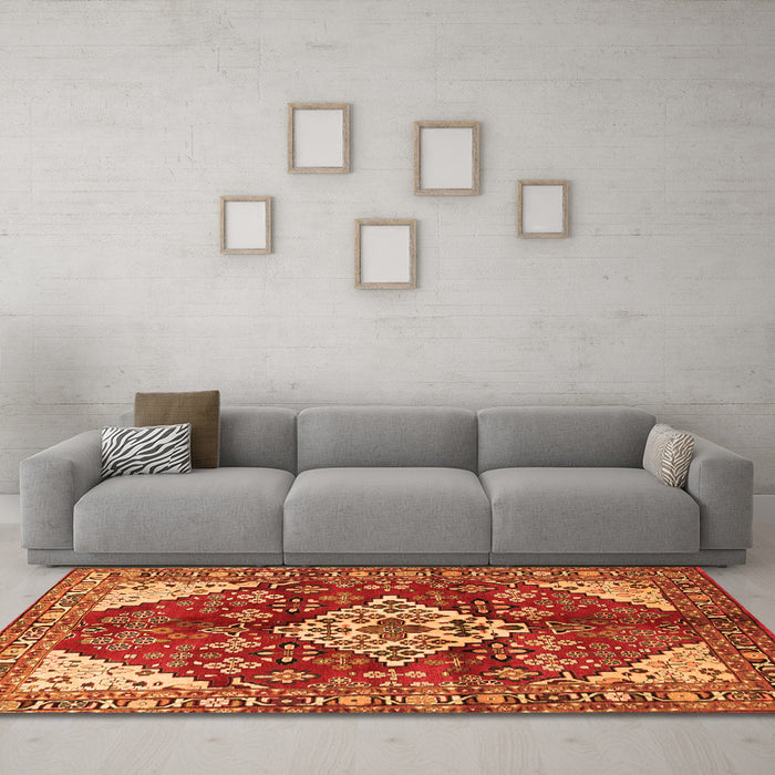 Machine Washable Medallion Orange Traditional Area Rugs in a Living Room, wshtr520org