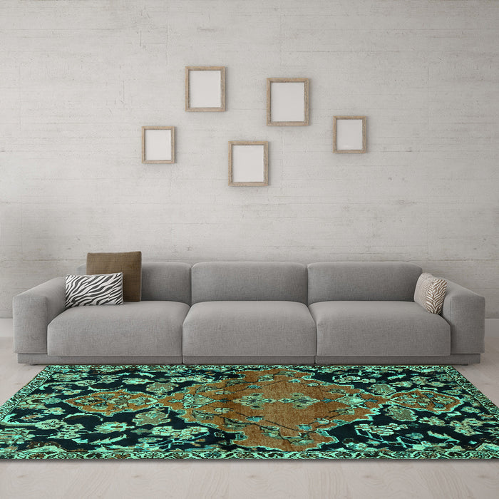 Machine Washable Persian Turquoise Traditional Area Rugs in a Living Room,, wshtr523turq
