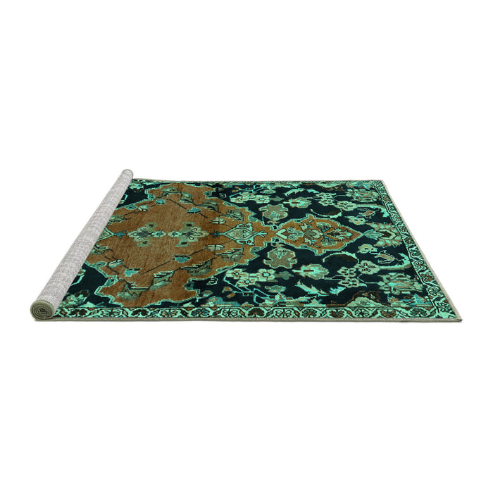 Sideview of Machine Washable Persian Turquoise Traditional Area Rugs, wshtr523turq