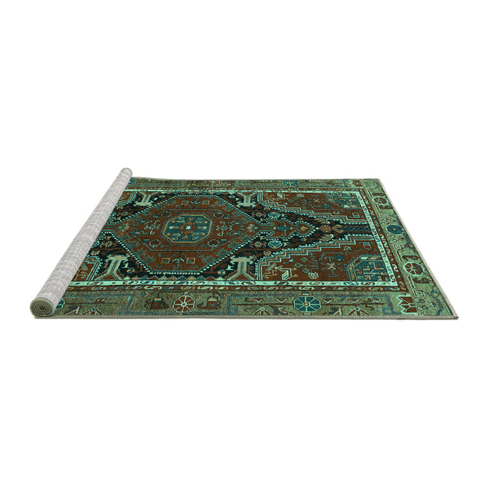 Sideview of Machine Washable Persian Turquoise Traditional Area Rugs, wshtr524turq