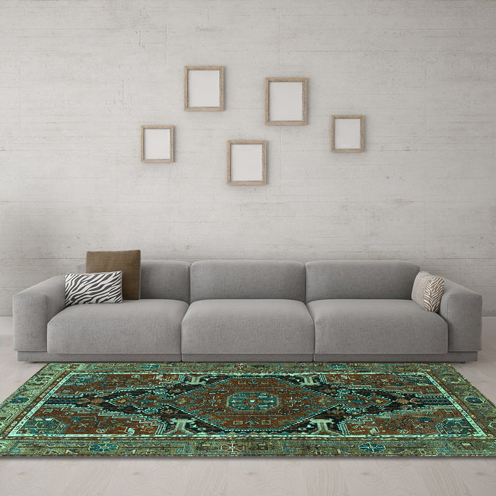 Machine Washable Persian Turquoise Traditional Area Rugs in a Living Room,, wshtr524turq