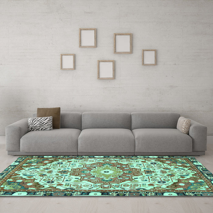 Machine Washable Medallion Turquoise Traditional Area Rugs in a Living Room,, wshtr525turq