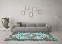 Machine Washable Medallion Light Blue Traditional Rug, wshtr525lblu