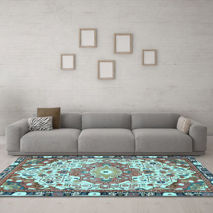 Machine Washable Medallion Light Blue Traditional Rug in a Living Room, wshtr525lblu