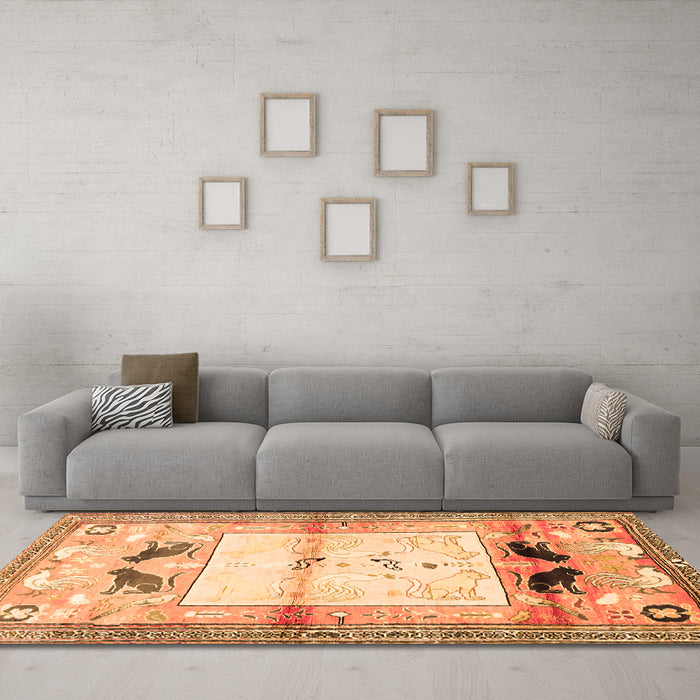 Machine Washable Animal Orange Traditional Area Rugs in a Living Room, wshtr526org