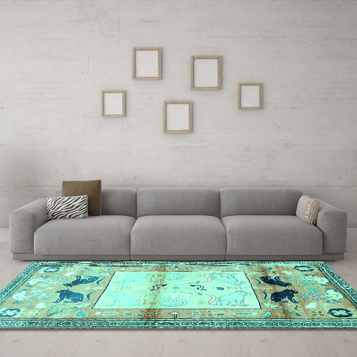 Machine Washable Animal Turquoise Traditional Area Rugs in a Living Room,, wshtr526turq