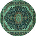 Round Machine Washable Medallion Turquoise Traditional Area Rugs, wshtr527turq