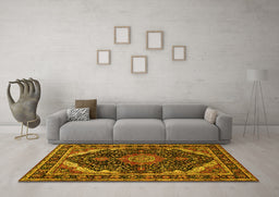 Machine Washable Medallion Yellow Traditional Rug in a Living Room, wshtr527yw