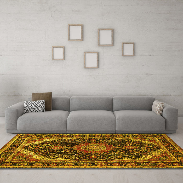 Machine Washable Medallion Yellow Traditional Rug in a Living Room, wshtr527yw