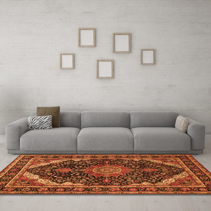 Machine Washable Medallion Orange Traditional Area Rugs in a Living Room, wshtr527org