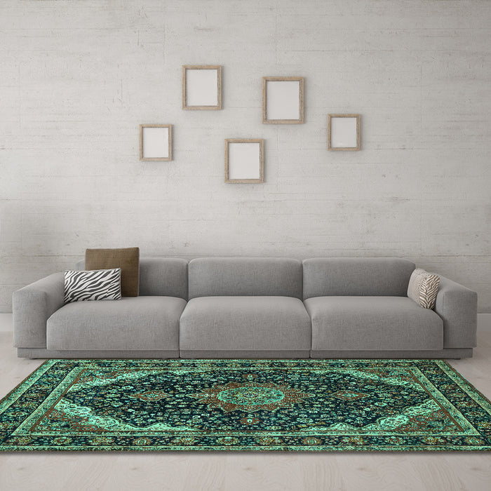 Machine Washable Medallion Turquoise Traditional Area Rugs in a Living Room,, wshtr527turq