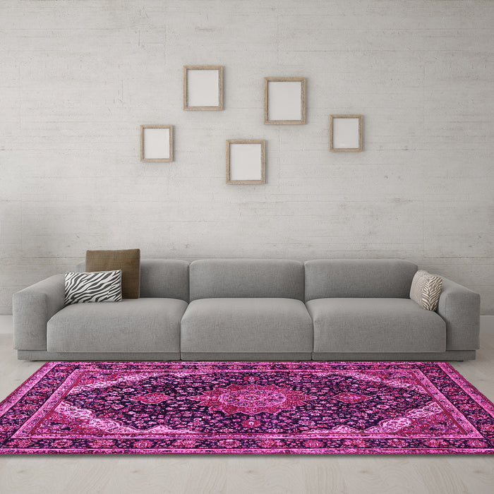 Machine Washable Medallion Pink Traditional Rug in a Living Room, wshtr527pnk