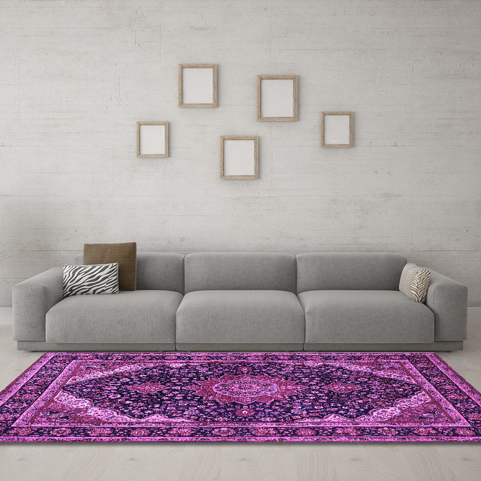 Machine Washable Medallion Purple Traditional Area Rugs in a Living Room, wshtr527pur