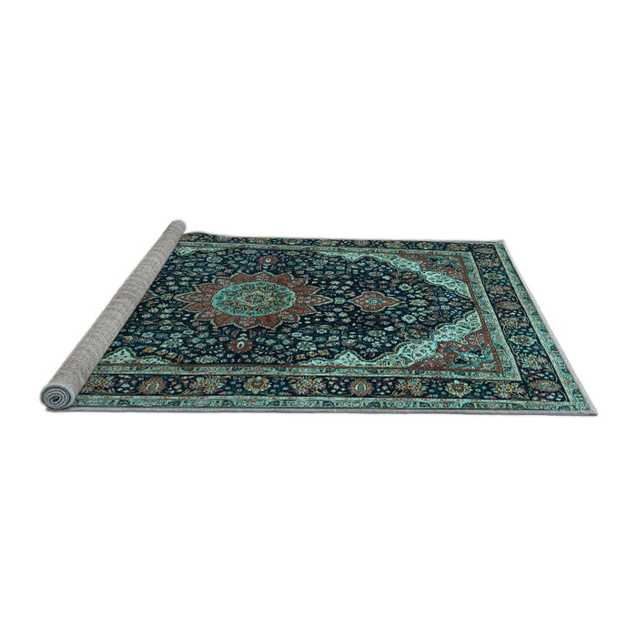 Sideview of Machine Washable Medallion Light Blue Traditional Rug, wshtr527lblu