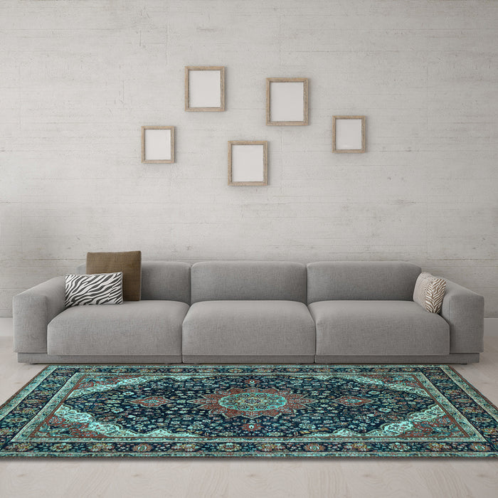 Machine Washable Medallion Light Blue Traditional Rug in a Living Room, wshtr527lblu