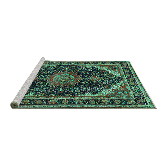 Sideview of Machine Washable Medallion Turquoise Traditional Area Rugs, wshtr527turq